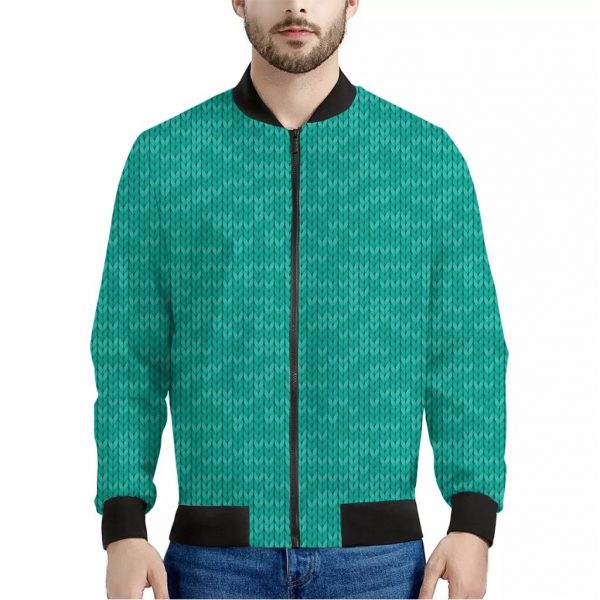 Turquoise Knitted Pattern Print Bomber Jacket