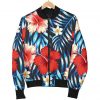 Turquoise Leaves Hibiscus Pattern Print Bomber Jacket