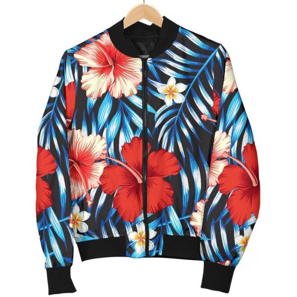 Turquoise Leaves Hibiscus Pattern Print Bomber Jacket