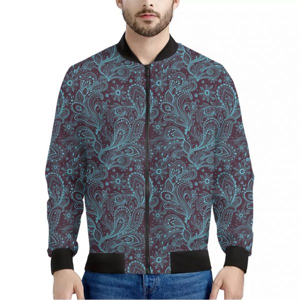 Turquoise Paisley Pattern Print Bomber Jacket