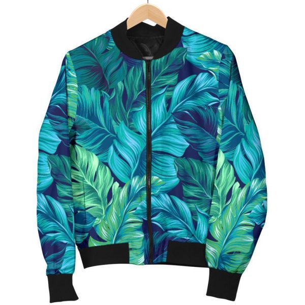 Turquoise Tropical Leaf Pattern Print Bomber Jacket