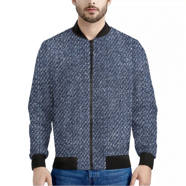 Vintage Blue Denim Jeans Print Bomber Jacket
