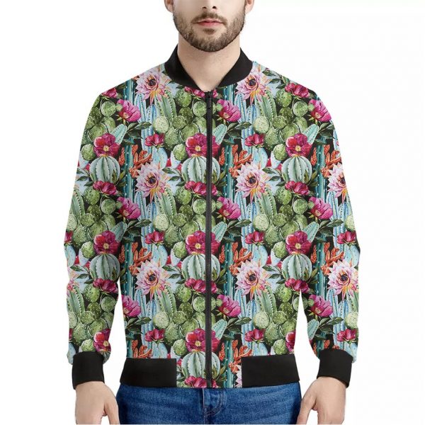 Vintage Cactus And Flower Print Bomber Jacket
