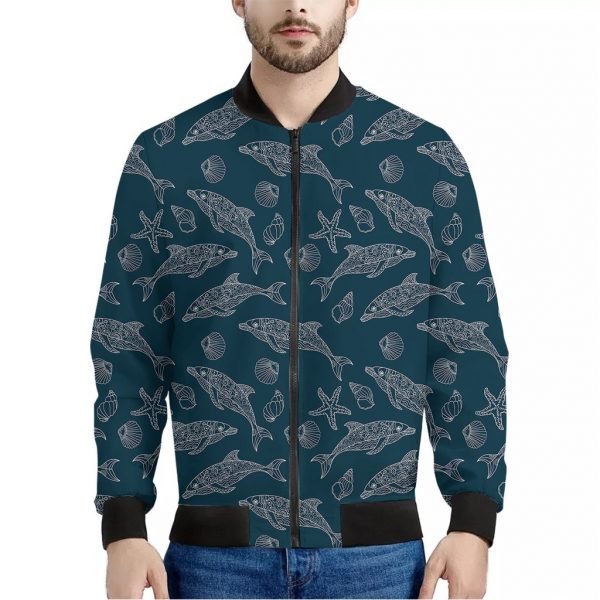 Vintage Dolphins Pattern Print Bomber Jacket
