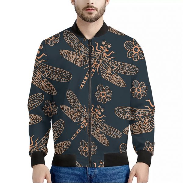 Vintage Dragonfly Pattern Print Bomber Jacket