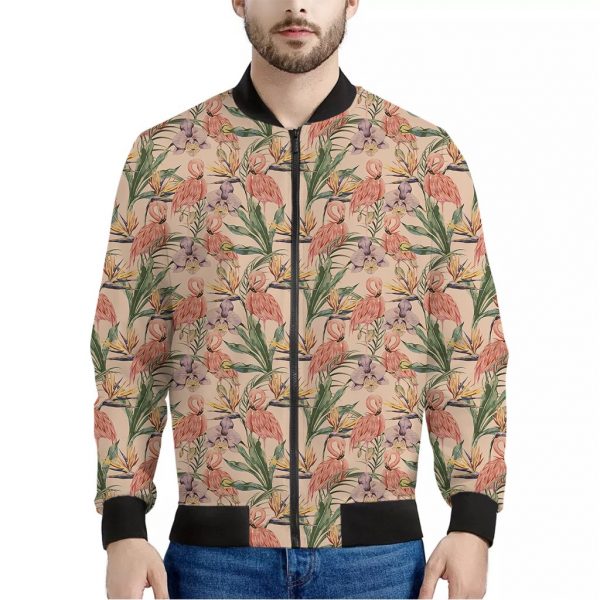 Vintage Flamingo Pattern Print Bomber Jacket