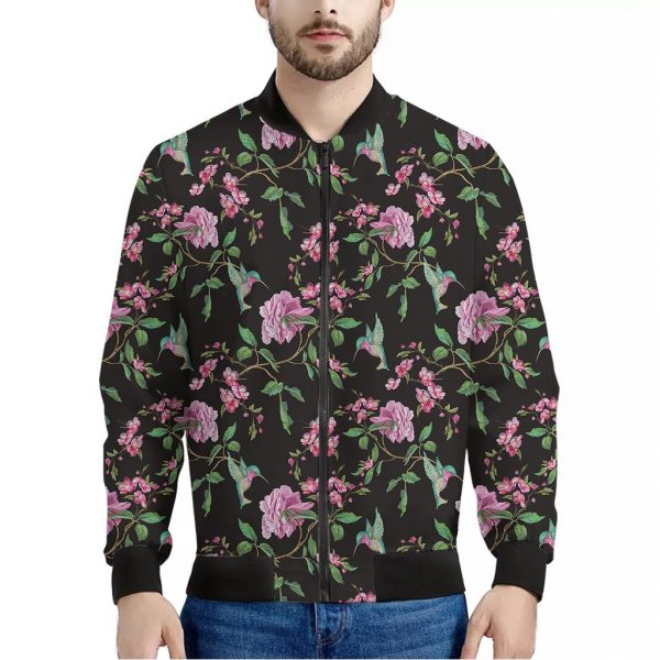 Vintage Floral Hummingbird Print Bomber Jacket