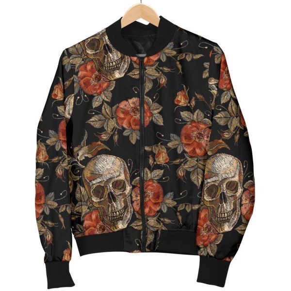 Vintage Floral Skull Pattern Print Bomber Jacket