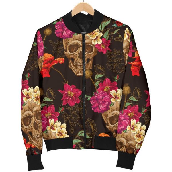 Vintage Flowers Skull Pattern Print Bomber Jacket