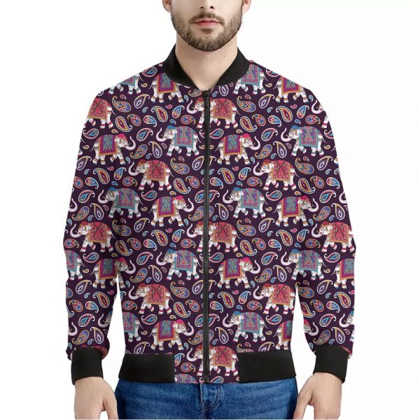 Vintage Indian Elephant Pattern Print Bomber Jacket