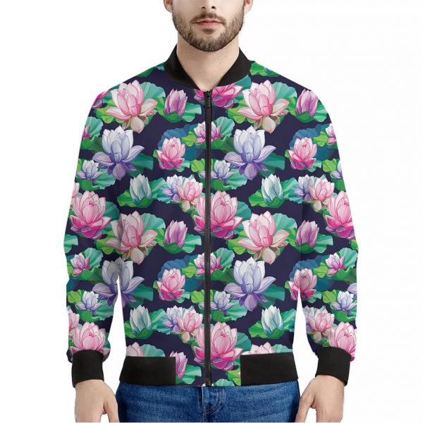 Vintage Lotus Floral Print Bomber Jacket