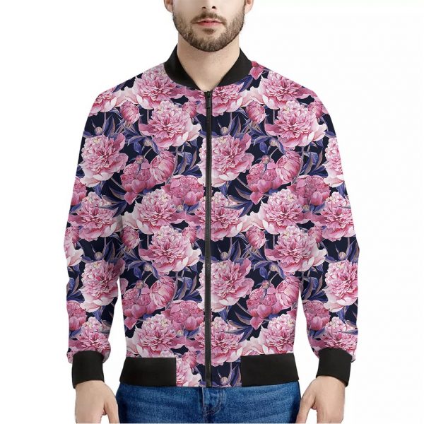Vintage Pink Peony Floral Print Bomber Jacket