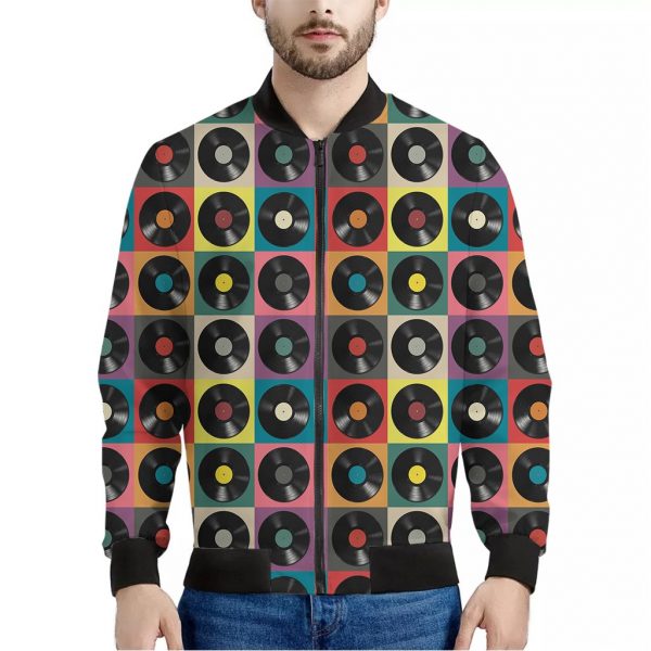 Vintage Vinyl Records Pattern Print Bomber Jacket
