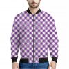 Violet And White Gingham Pattern Print Bomber Jacket