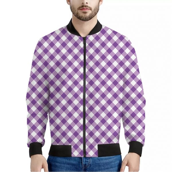 Violet And White Gingham Pattern Print Bomber Jacket