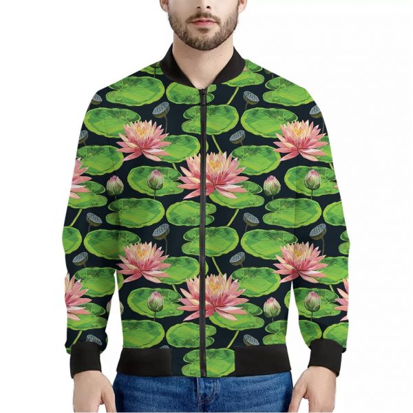 Water Lily Flower Pattern Print Bomber Jacket