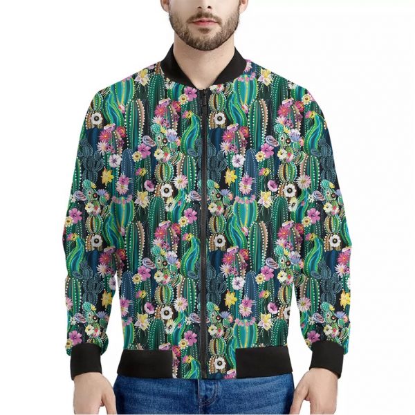 Watercolor Blooming Cactus Print Bomber Jacket