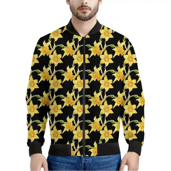 Watercolor Daffodil Flower Pattern Print Bomber Jacket