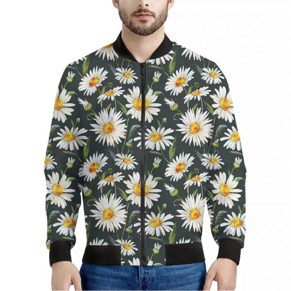 Watercolor Daisy Flower Pattern Print Bomber Jacket