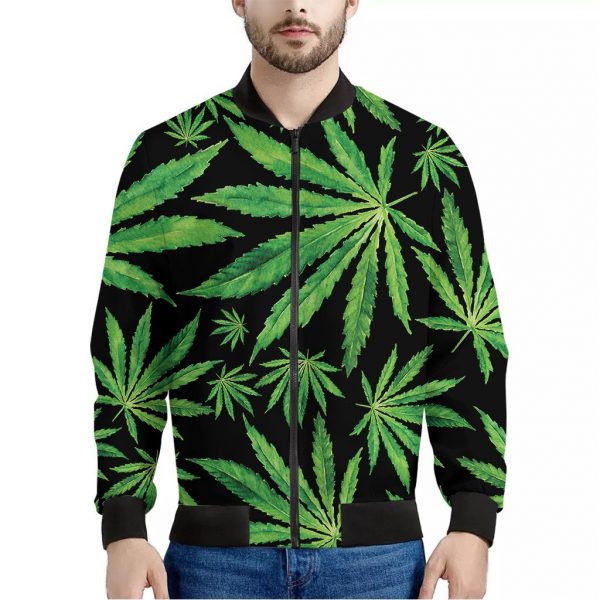 Watercolor Marijuana Leaf Pattern Print Bomber Jacket