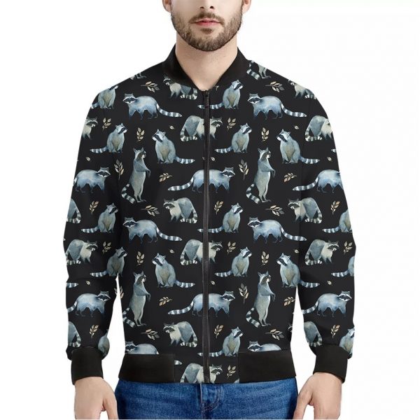 Watercolor Raccoon Pattern Print Bomber Jacket
