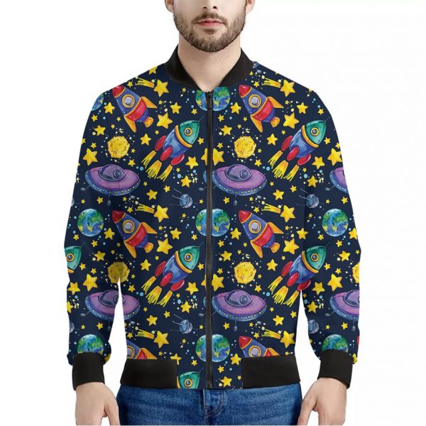 Watercolor Rocket Pattern Print Bomber Jacket