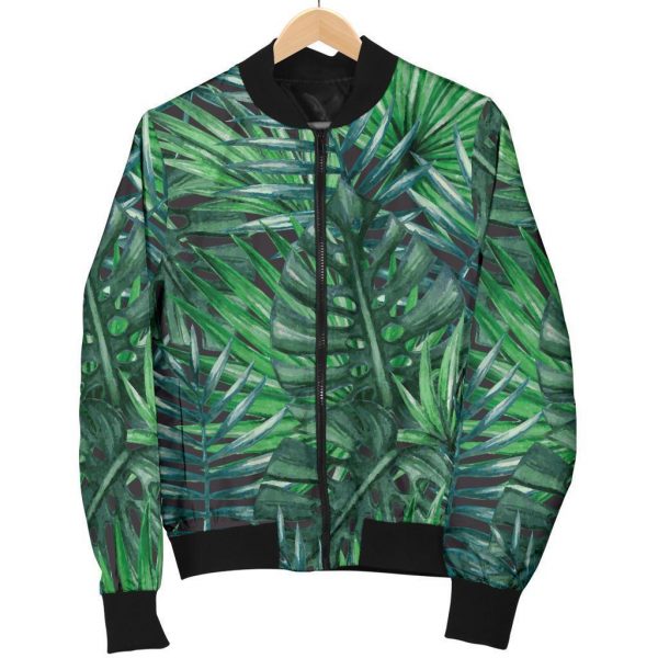 Watercolor Tropical Leaves Pattern Print Bomber Jacket