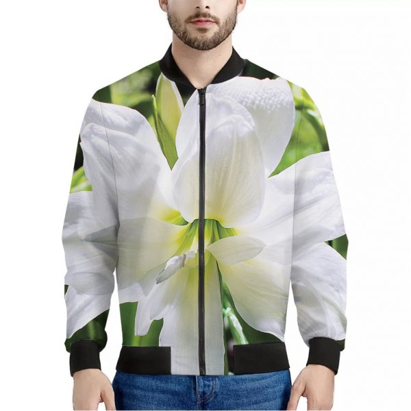 White Amaryllis Print Bomber Jacket