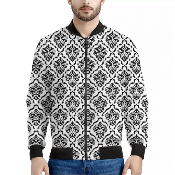 White And Black Damask Pattern Print Bomber Jacket