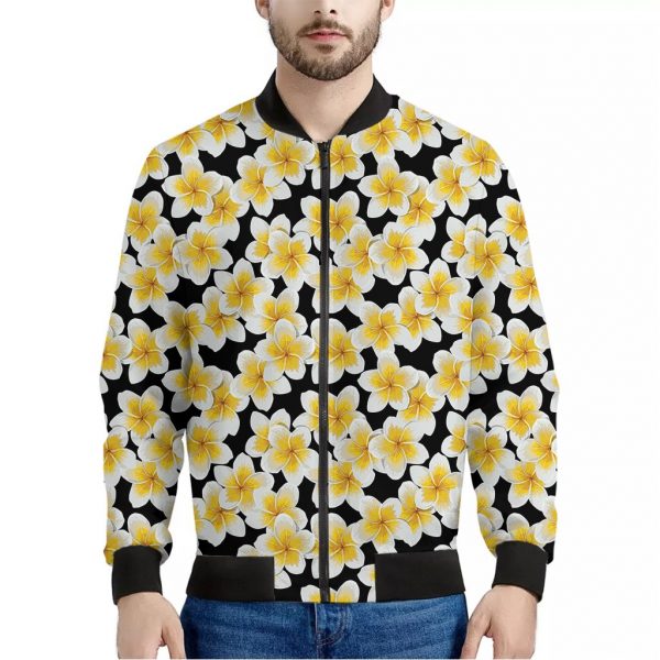 White And Black Frangipani Pattern Print Bomber Jacket