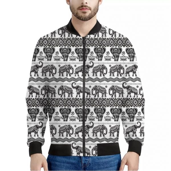 White And Black Indian Elephant Print Bomber Jacket