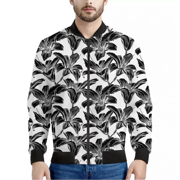 White And Black Lily Pattern Print Bomber Jacket