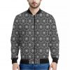 White And Black Lotus Pattern Print Bomber Jacket