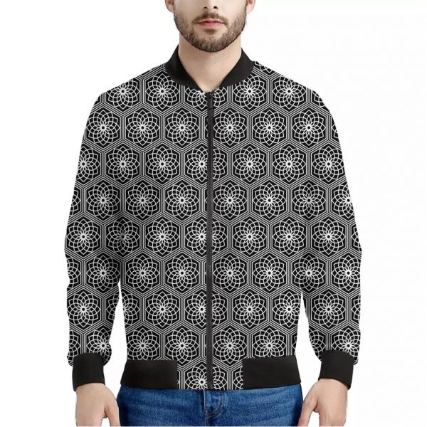 White And Black Lotus Pattern Print Bomber Jacket