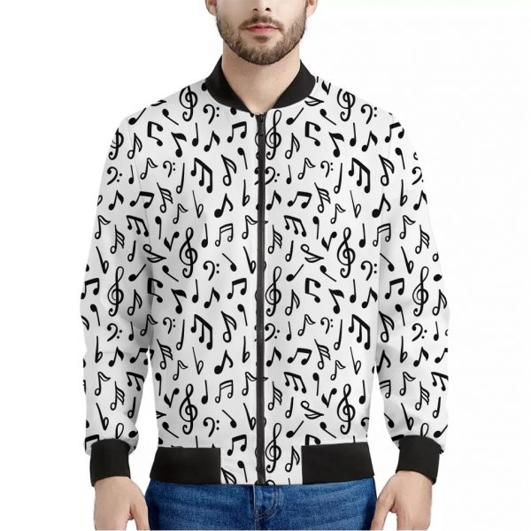 White And Black Music Note Pattern Print Bomber Jacket