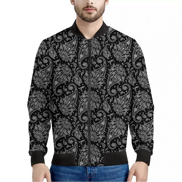 White And Black Paisley Pattern Print Bomber Jacket
