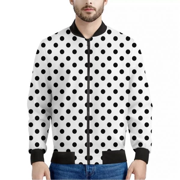 White And Black Polka Dot Pattern Print Bomber Jacket
