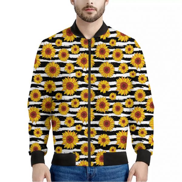 White And Black Stripe Sunflower Print Bomber Jacket
