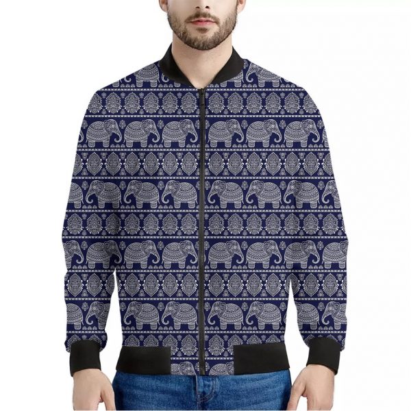White And Blue Indian Elephant Print Bomber Jacket