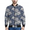White And Blue Lotus Flower Print Bomber Jacket