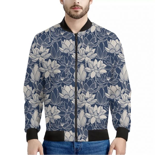 White And Blue Lotus Flower Print Bomber Jacket