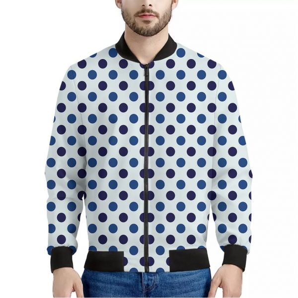 White And Blue Polka Dot Pattern Print Bomber Jacket