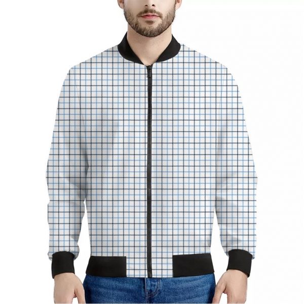 White And Blue Tattersall Pattern Print Bomber Jacket