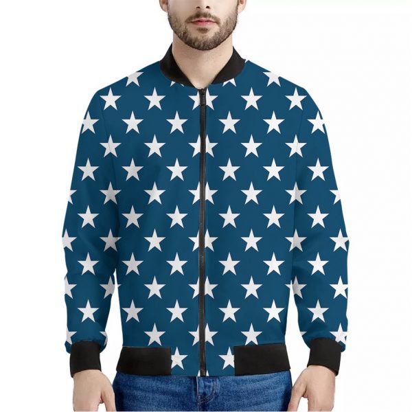White And Blue USA Star Pattern Print Bomber Jacket