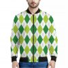 White And Green Argyle Pattern Print Bomber Jacket