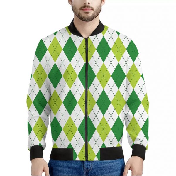 White And Green Argyle Pattern Print Bomber Jacket