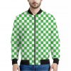 White And Green Checkered Print Bomber Jacket