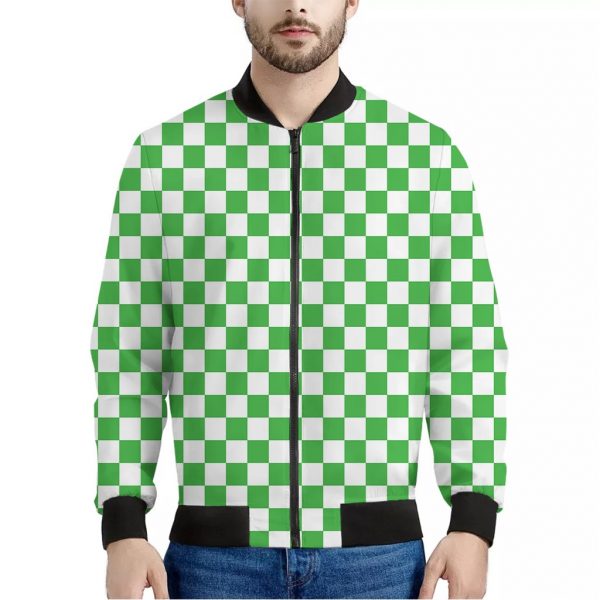 White And Green Checkered Print Bomber Jacket