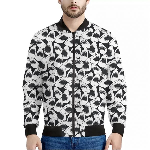 White And Grey Shark Pattern Print Bomber Jacket