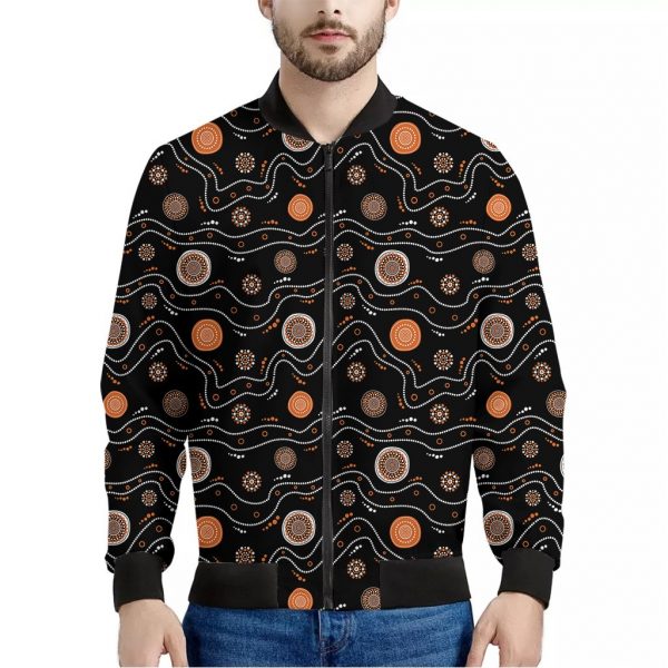 White And Orange Aboriginal Art Print Bomber Jacket